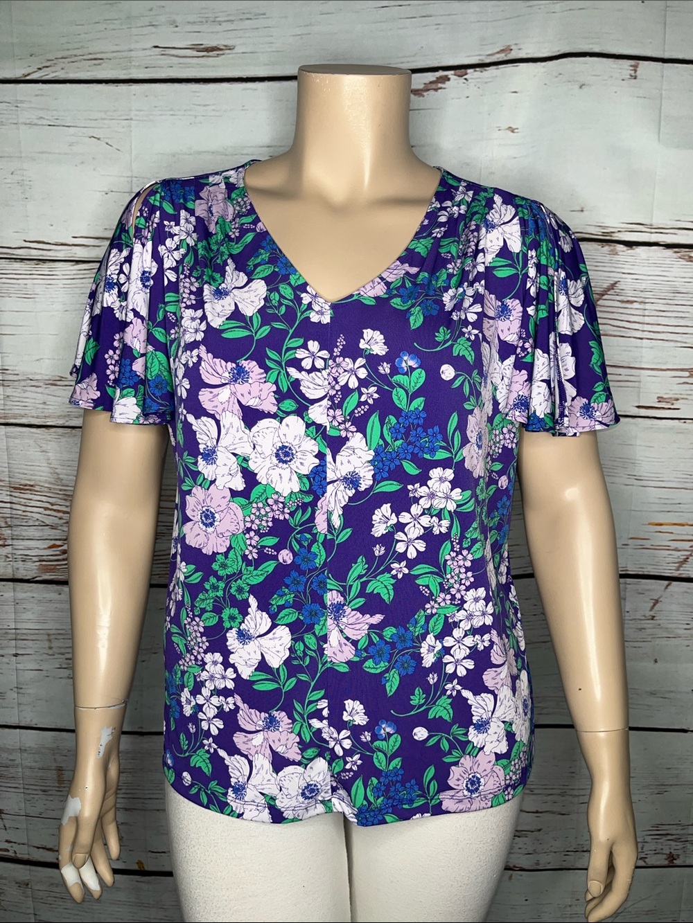 Liz Claiborne NWT XL Tall Purple - Floral Print V-Neck Split Sleeve Blouse Top